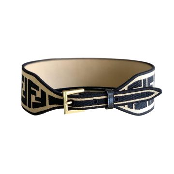 Fendi Women's Belt In Green/Black/Beige/Yellow FF Logo Embroidery Canvas With Gold Hardware 60mm