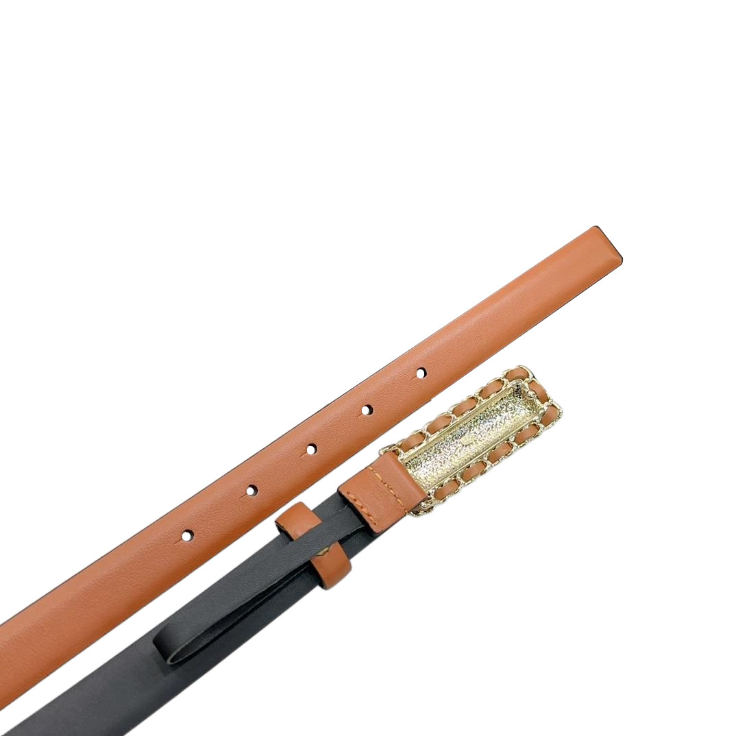 Chanel Women's Rectangled Buckle Thin Belt In Brown/Arrowroot/Champagne Gold/Pink/Pale Pink/Red/Black/White Calfskin With Gold/Silver Hardware 20mm - 图片 3