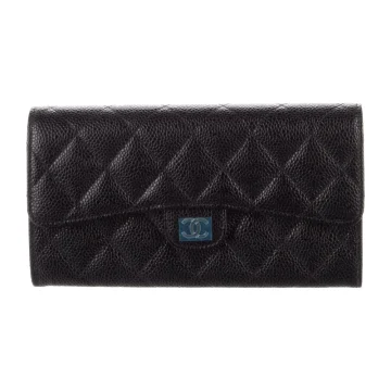 Chanel Large Interlocking CC Logo Trifold Wallet Black Caviar Leather Silver Hardware