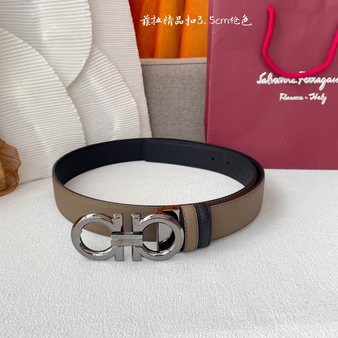 Ferragamo Men's Double Gancini Buckle Reversible Belt In Khaki/Black Calfskin With Gold/Silver/Gun Black Hardware 35mm - 图片 7