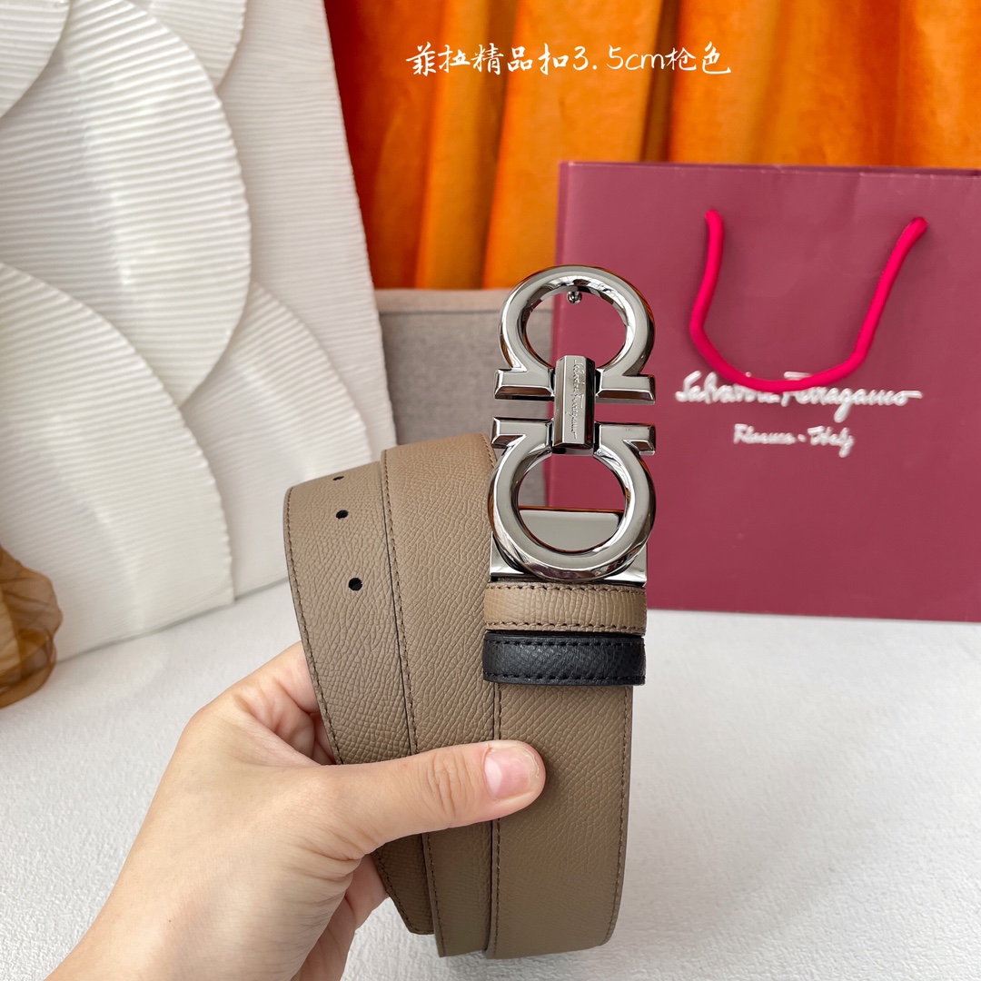Ferragamo Men's Double Gancini Buckle Reversible Belt In Khaki/Black Calfskin With Gold/Silver/Gun Black Hardware 35mm - 图片 8