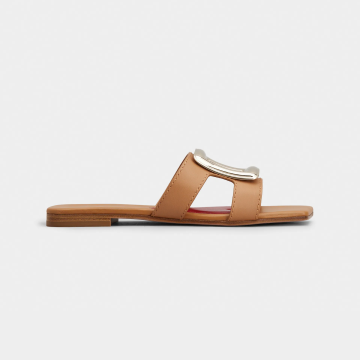 Roger Vivier Viv' By The Sea Mules Flats In Orange Leather With Metal Buckle