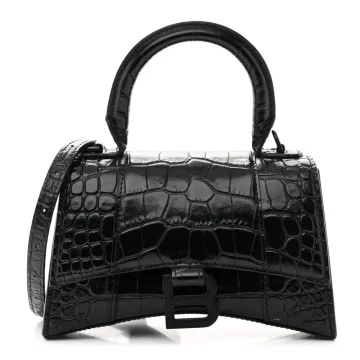 Balenciaga XS Hourglass Top Handle Bag Black Monochrome Crocodile Embossed Shiny Calfskin Leather Black Hardware