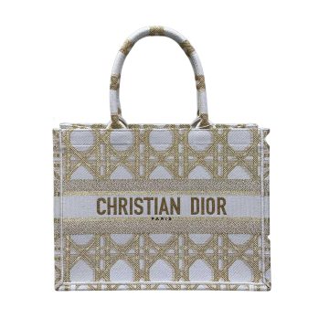 Dior Medium Dior Book Tote Gold-Tone and White Macrocannage Embroidered Canvas