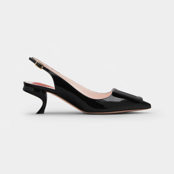 Roger Vivier Virgule Slingback Pumps High Heels In Black Patent Leather With Lacquered Metal Buckle (Heel Height 5.5cm)