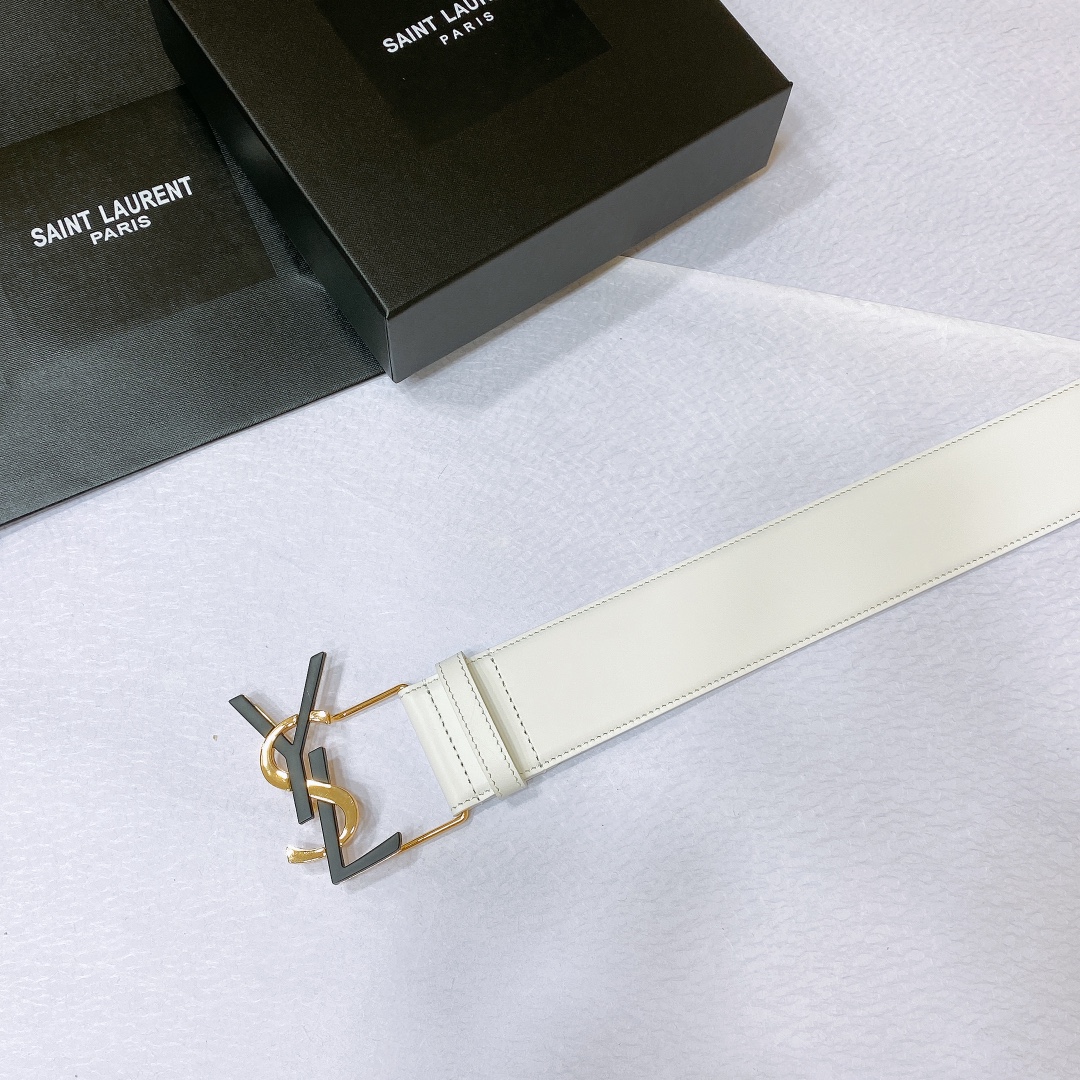 Saint Laurent Pairs Belt In White/Brown/Black/Coffee Smooth Calfskin With Gold Hardware 50mm - 图片 9