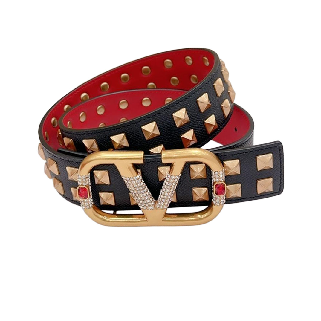 Valentino V Buckle Belt In Gold/Black Red/Black Calfskin With Gold Hardware And Rockstud 40mm - 图片 3
