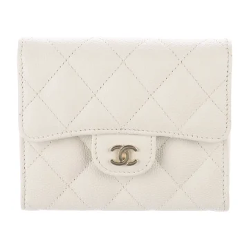 Chanel Small Compact Wallet White Quilted Leather Gold Hardware
