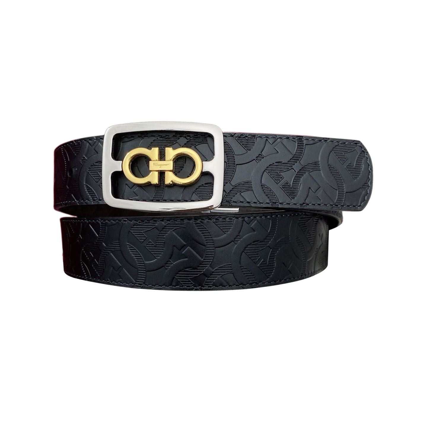 Ferragamo Men's Square Buckle Belt In Black/Coffee Grained Calfskin With Gold/Silver Hardware 35mm - 图片 9