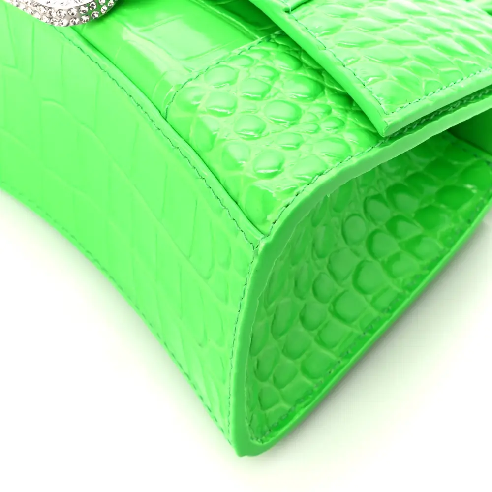 Balenciaga XS Hourglass Top Handle Bag Fluo Green Strass Crocodile Embossed Shiny Calfskin Leather Silver Hardware - 图片 4