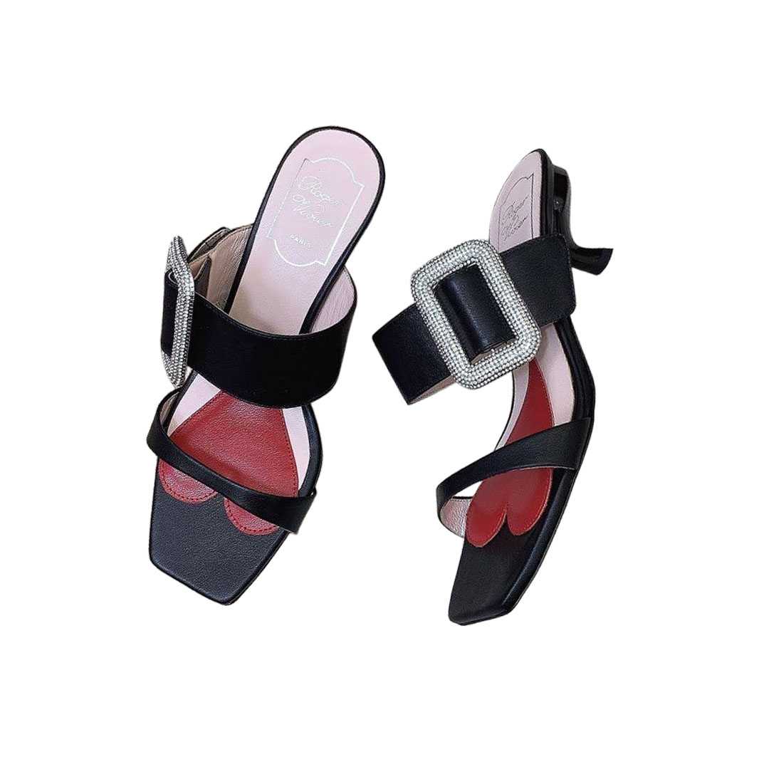 Roger Vivier Viv' Rangers Mules Sandals In White/Black/Blue Leather With Crystal Buckle (Heel Height 5.5cm) - 图片 8