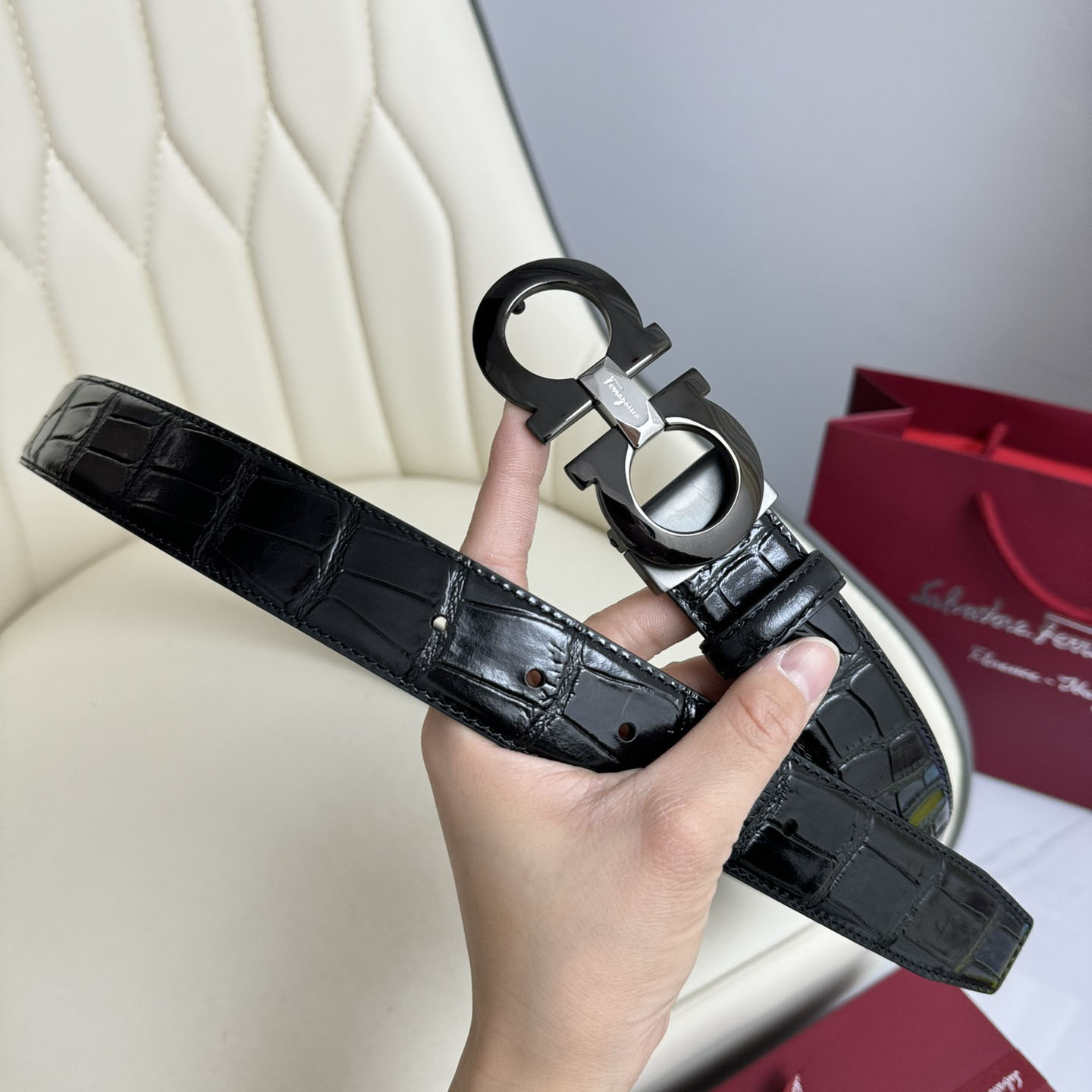 Ferragamo Men's Double Gancini Buckle Reversible Belt In Black Crocodile-Embossed Calfskin With Gold/Silver/Black Hardware 35mm - 图片 9