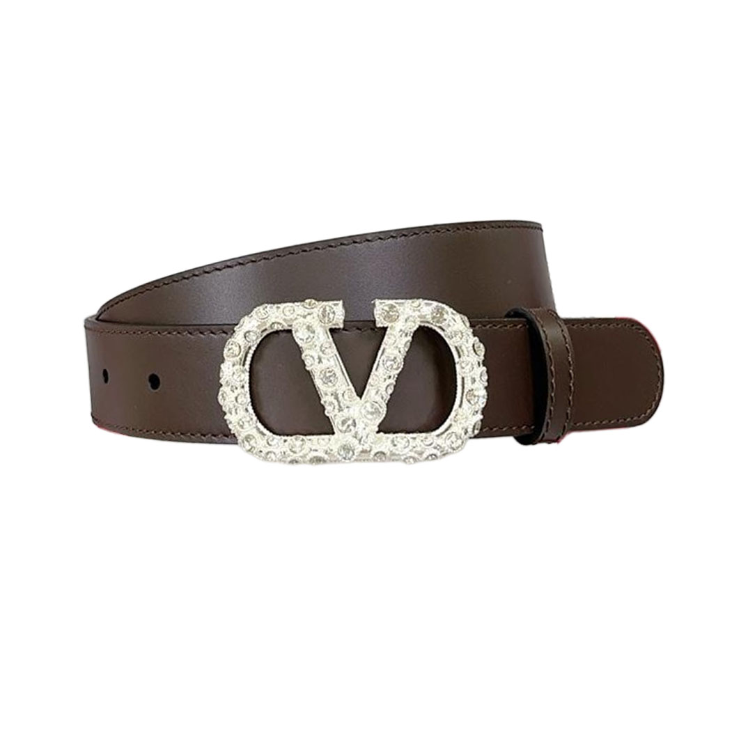 Valentino V Buckle With Crystal Belt In Black/Brown/Red/White Calfskin With Gold/Silver Hardware 30mm - 图片 4