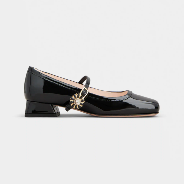 Roger Vivier Très Vivier Dasiy Mary Janes In Black Patent Leather With Flower Metal Buckle (Heel Height 2.5cm)
