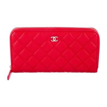 Chanel Large Interlocking CC Logo Continental Wallet Red Caviar Leather Silver Hardware