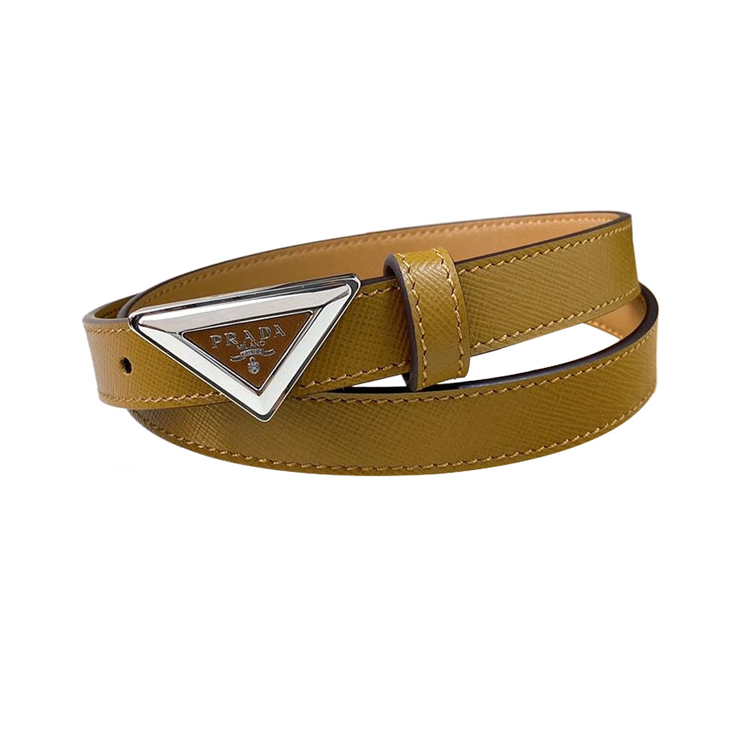 Prada Women' s Triangled Buckle Belt In Brown/Pink/White Calfskin With Gold/Silver Hardware 20mm - 图片 3