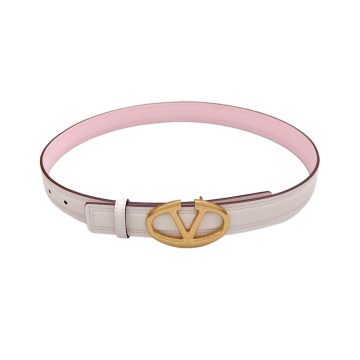 Valentino Oval V Buckle Belt In White/Black Calfskin With Gold Hardware 30mm