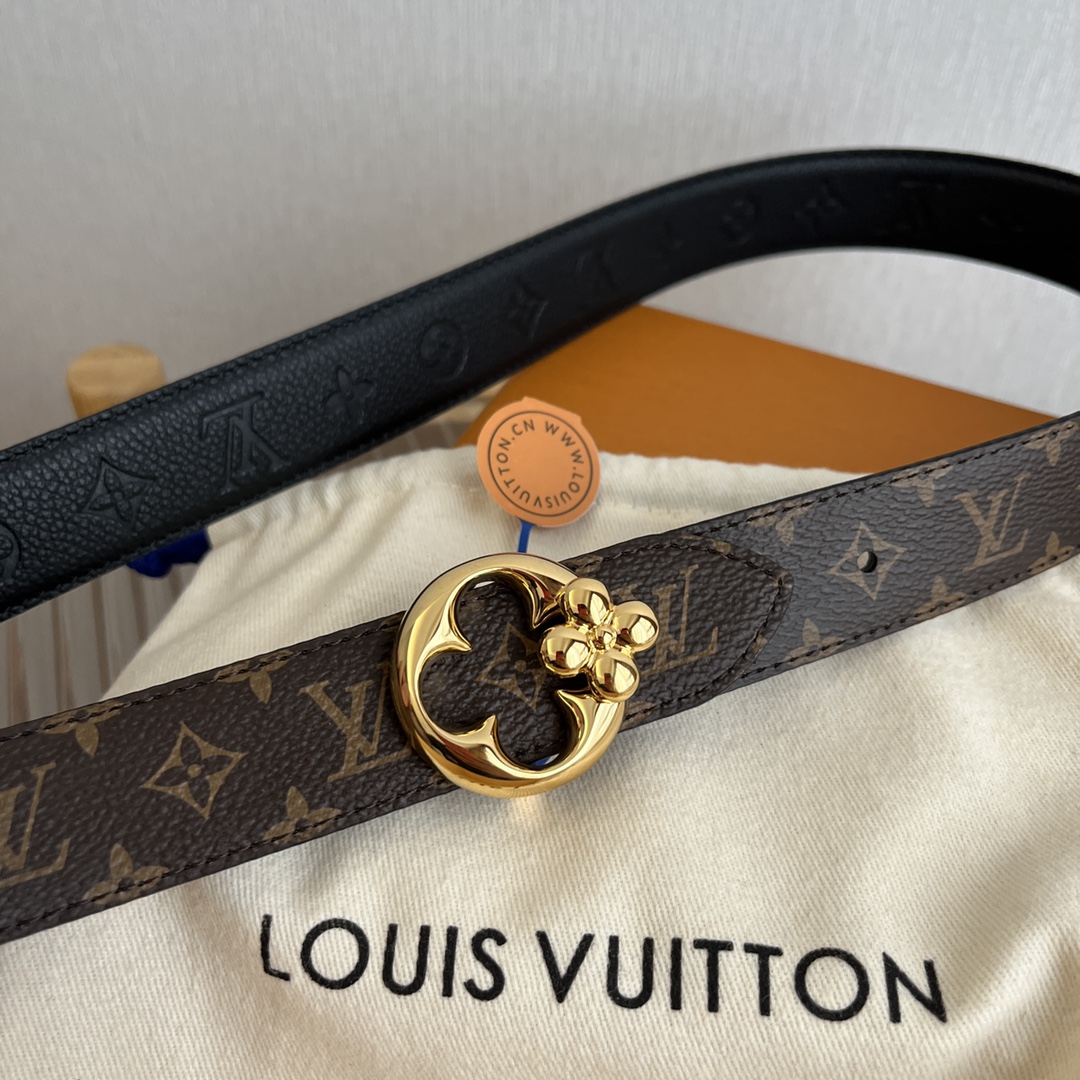 Louis Vuitton Women's Flowergram Round Buckle Reversible Belt In Black/White/Brown Calfskin And Monogram Canvas With Gold Hardware 30mm - 图片 7