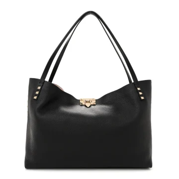 Valentino Garavani Medium Rockstud Tote Black/Rose Quartz Grainy Calfskin Leather Gold Hardware