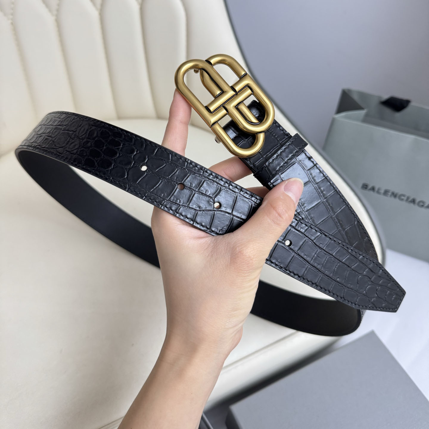 Balenciaga Men's New BB Palladium Buckle Belt In Black Embossed Crocodile Calfskin With Silver/Gold/Matte Black Hardware 35mm - 图片 7