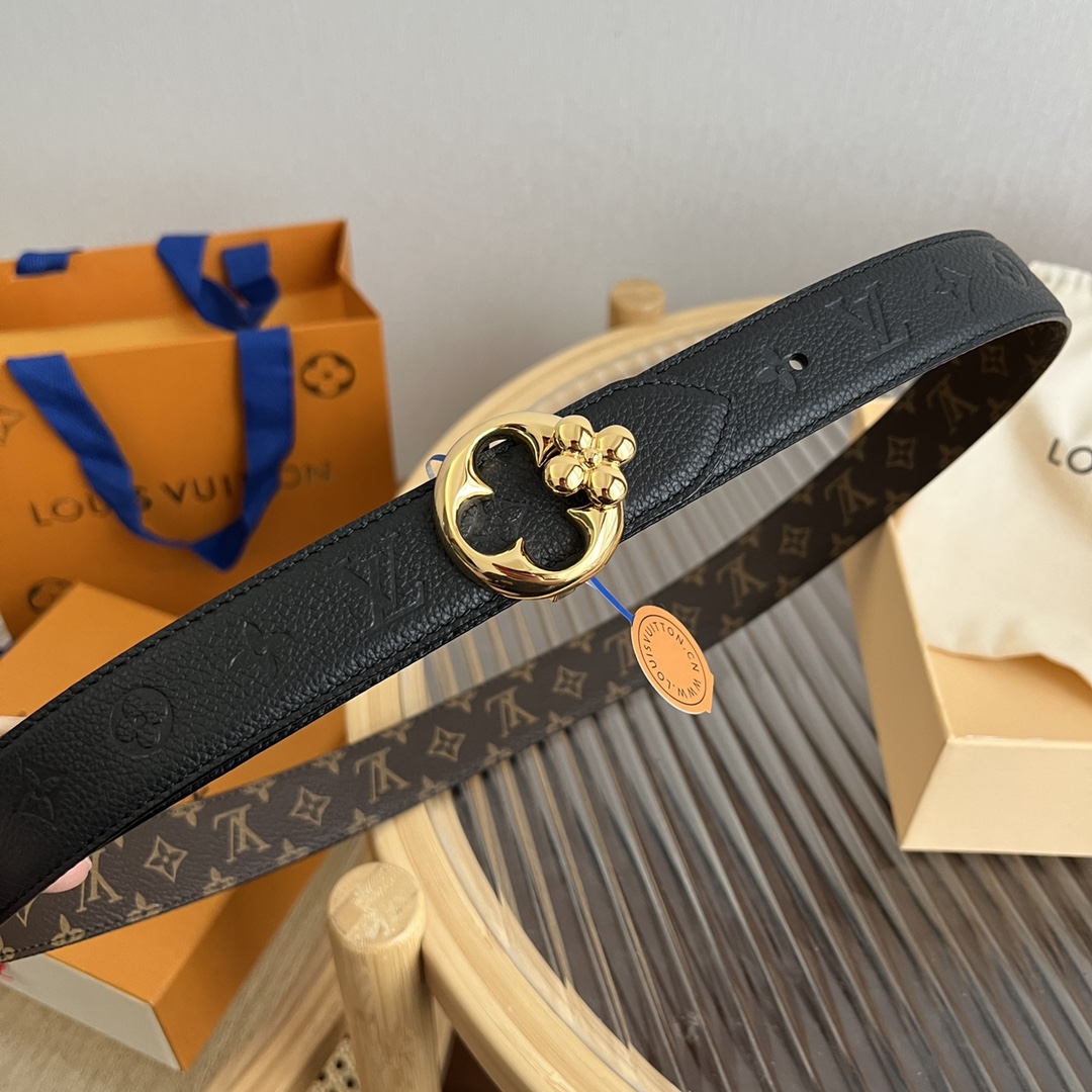 Louis Vuitton Women's Flowergram Round Buckle Reversible Belt In Black/White/Brown Calfskin And Monogram Canvas With Gold Hardware 30mm - 图片 2