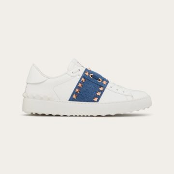 VALENTINO Women's studded denim trim calfskin sneakers