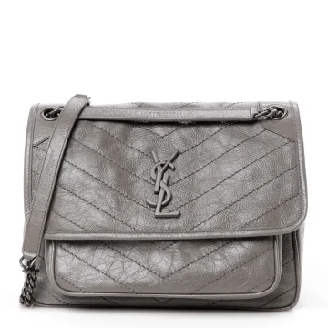 Saint Laurent Medium Niki Chain Satchel Fog Crinkled Monogram Calfskin Matelasse Leather Ruthenium Hardware