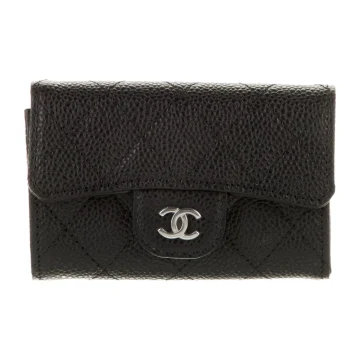 Chanel Small Interlocking CC Logo Wallet Black Quilted Leather Silver Hardware
