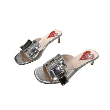Roger Vivier Viv' Canard Mules Sandals In Gold/Silver Leather With Lacquered Metal Buckle (Heel Height 5.5cm)