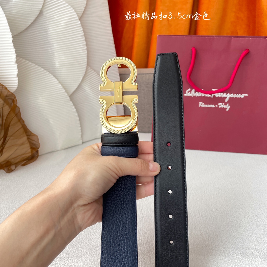 Ferragamo Men's Double Gancini Buckle Reversible Belt In Blue/Black/Burgundy Grained Calfskin With Gold/Silver/Black Hardware 35mm - 图片 3
