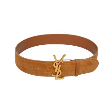 Saint Laurent Pairs Belt In Brown/Coffee Suede Leather With Gold/Silver Hardware 50mm