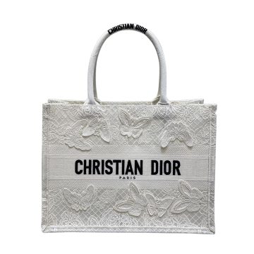 Dior Medium Dior Book Tote White D-Lace Butterfly Embroidery with Macramé