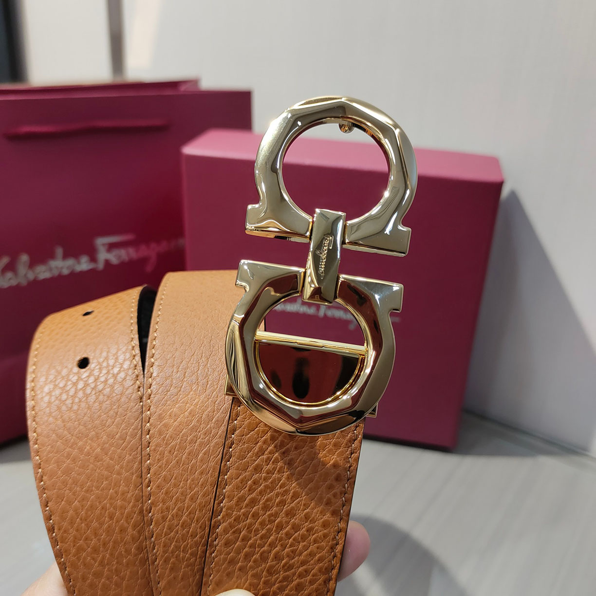 Ferragamo Men's Double Gancini Buckle Reversible Belt In Orange/Black/Brown/Blue Grained Calfskin With Gold/Silver Hardware 35mm - 图片 3