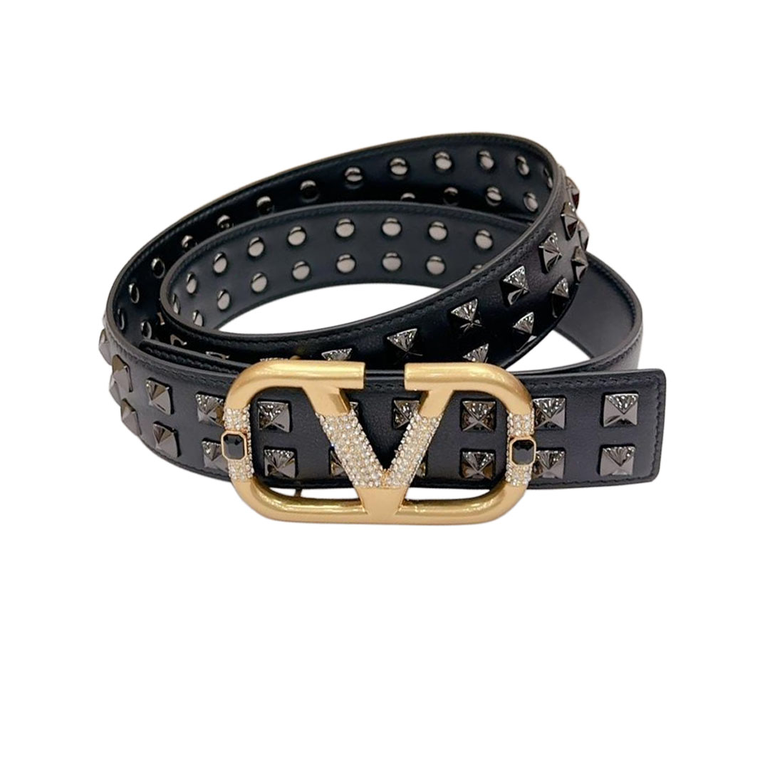 Valentino V Buckle Belt In Gold/Black Red/Black Calfskin With Gold Hardware And Rockstud 40mm - 图片 4