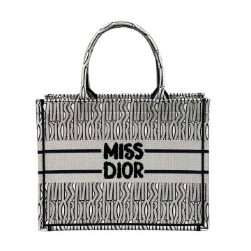 Dior Medium Dior Book Tote In White And Beige/Pink/Blue Miss Dior Allover Embroidered Canvas