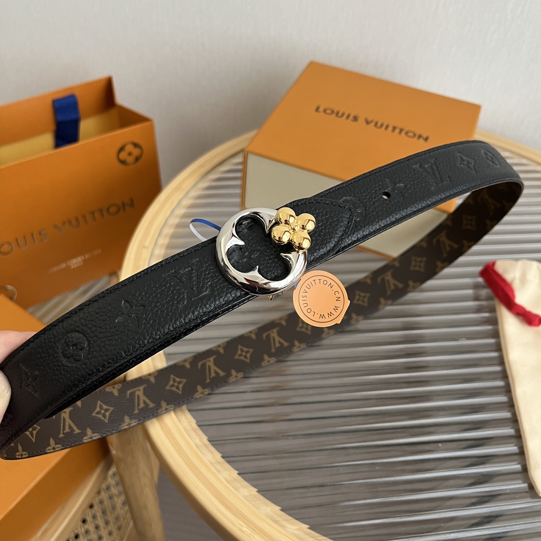 Louis Vuitton Women's Flowergram Round Buckle Reversible Belt In Black/White/Brown Calfskin And Monogram Canvas With Gold/Silver Hardware 30mm - 图片 2