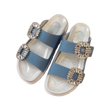 Roger Vivier Slidy Viv' Mules Sandals In Denim Blue With Crystal Buckle