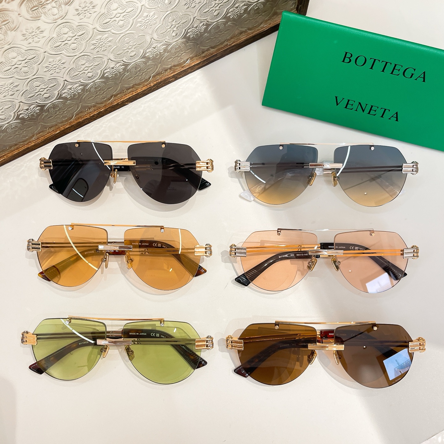 Bottega Veneta Pilot glasses blue/lime green/black/apricot/tawny/leopard brown color Size 51口23-140 - 图片 7
