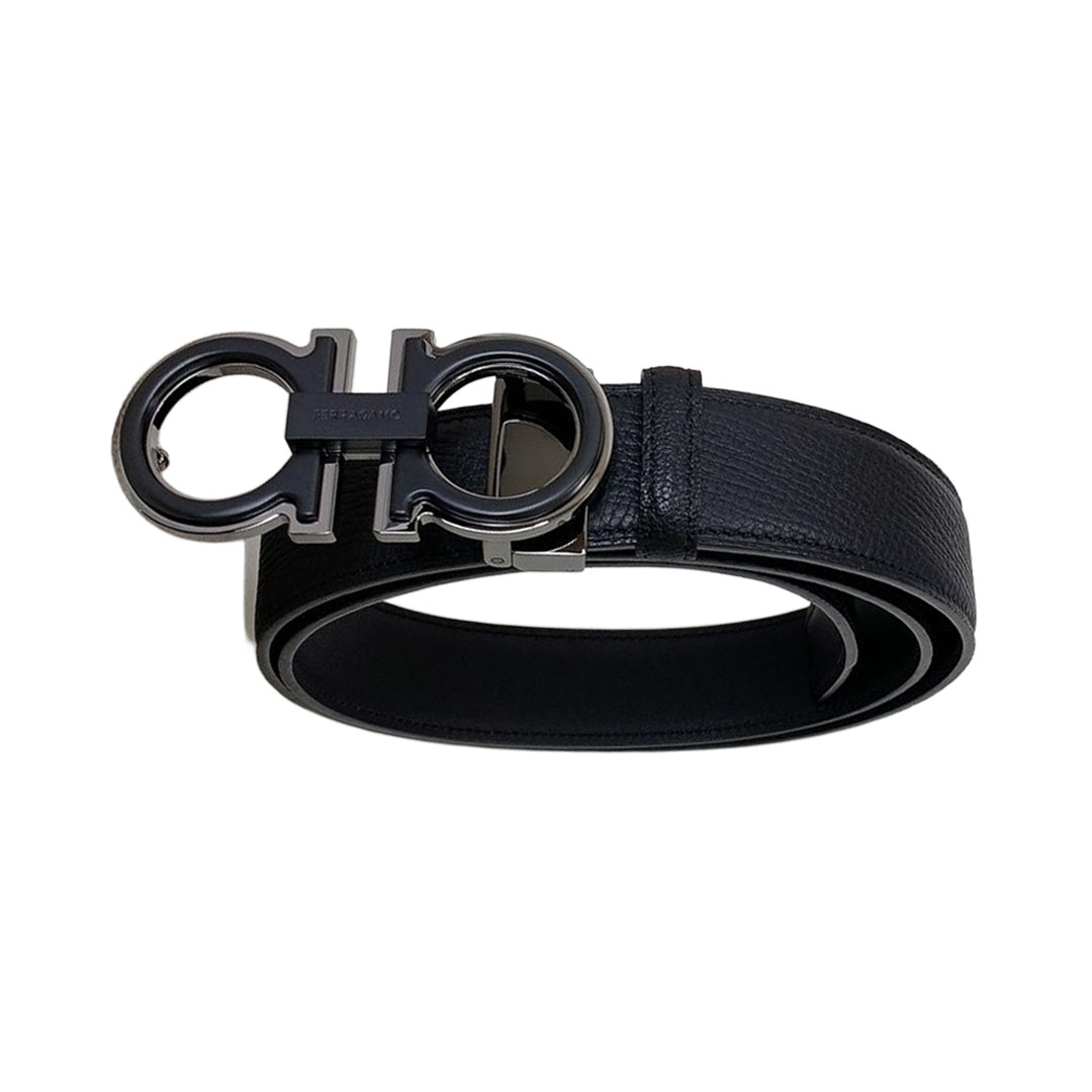 Ferragamo Men's Double Gancini Buckle Reversible Belt In Black/Coffee Saffiano Calfskin With Gold/Silver/Gun Black Hardware 35mm - 图片 2
