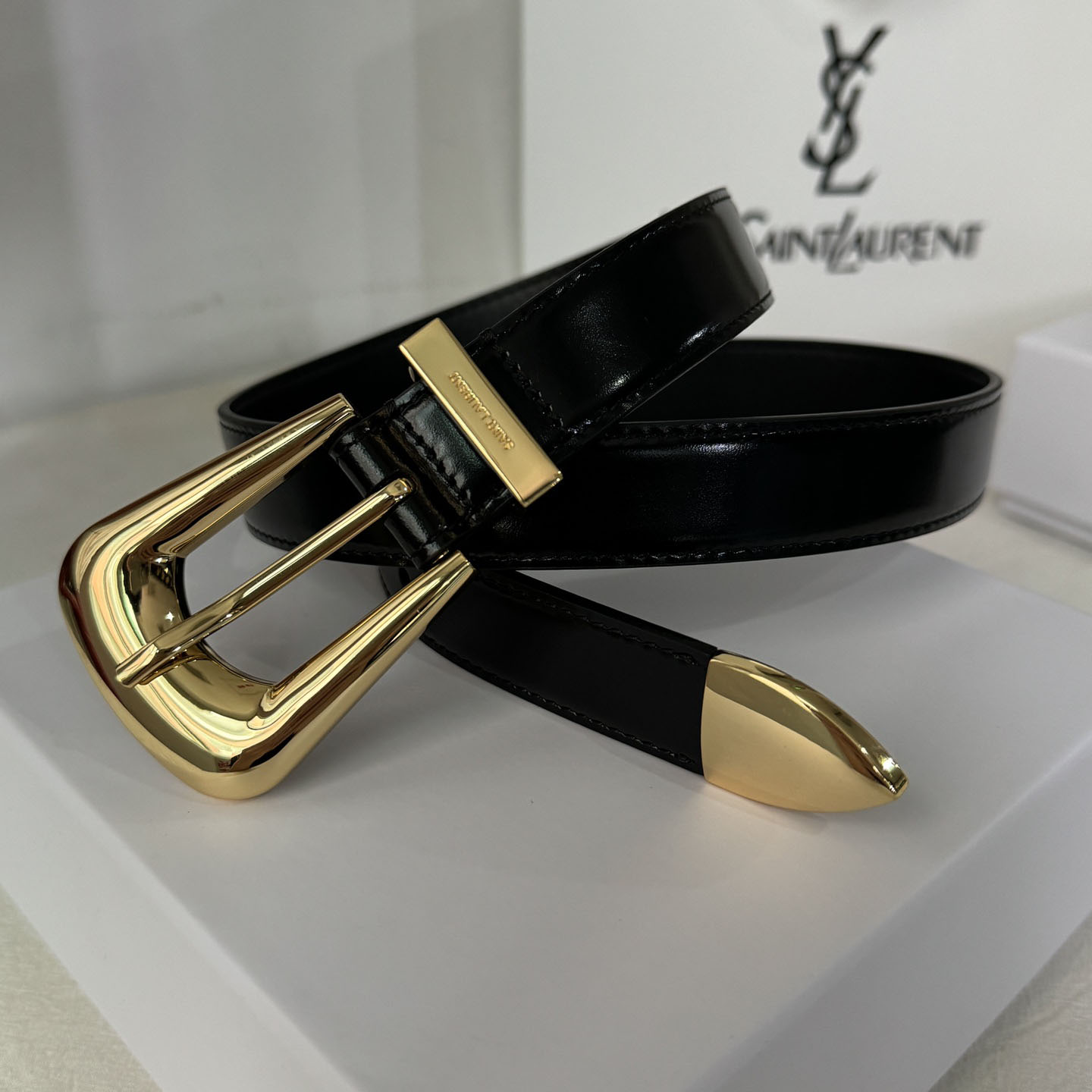 Saint Laurent Folk Buckle Belt In Black Brushed Leather With Gold/Silver Hardware 25mm - 图片 10