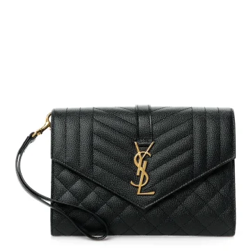 Saint Laurent Medium Clutch Black Triquilt Monogram Grain De Poudre Textured Mixed Matelasse Leather Gold Hardware