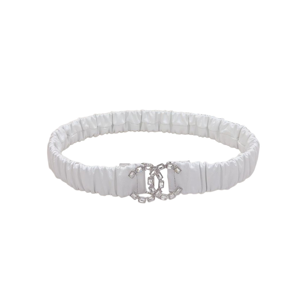 Chanel Women's CC Crystal Buckle Elastic Belt In Champagne Gold/Beige/Black/Red/Silver/Ivory/White Lambskin With Gold/Silver Hardware 30mm - 图片 8