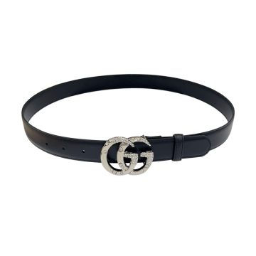 Gucci Women's GG Buckle With Beading Marmont Thin Belt In Black/White/Brown/Silver Smooth Calfskin With Gold/Silver Hardware 30mm