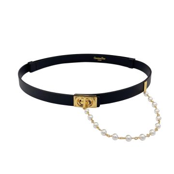 Dior Women' s Square Buckle With Pearls Caro Chain Belt In Black/Brown/White Calfskin With Gold Hardware 20mm