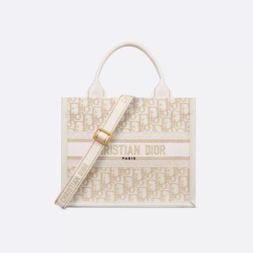 Dior Small Dior Book Tote In Natural Dior Oblique Embroidery And Calfskin Gold Hardware
