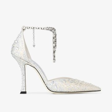 JIMMY CHOO Crystal decorated ivory white satin heels