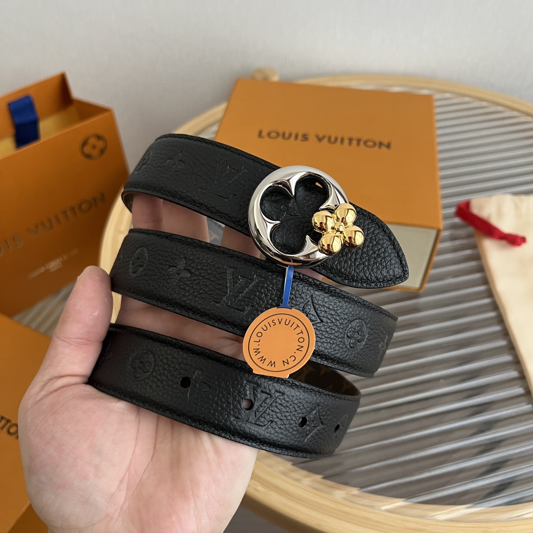 Louis Vuitton Women's Flowergram Round Buckle Reversible Belt In Black/White/Brown Calfskin And Monogram Canvas With Gold/Silver Hardware 30mm - 图片 3