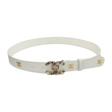 Chanel Women's Decorative CC Buckle Belt In White/Black/Red/Burgundy Calfskin With Gold Hardware 30mm