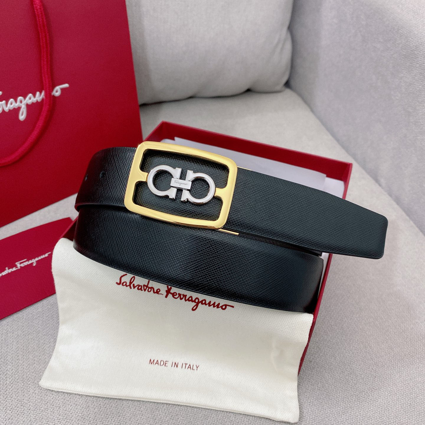 Ferragamo Men's Square Buckle Belt In Black/Coffee Grained Calfskin With Gold/Silver Hardware 35mm - 图片 6