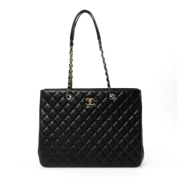Chanel Shopping Tote Large Black Quilted Caviar Leather Light Gold Hardware
